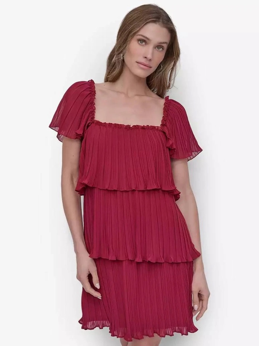 DKNY Square Neck Pleated Plissé Tiered Mini Dress Burgundy Red NWT Size 10
